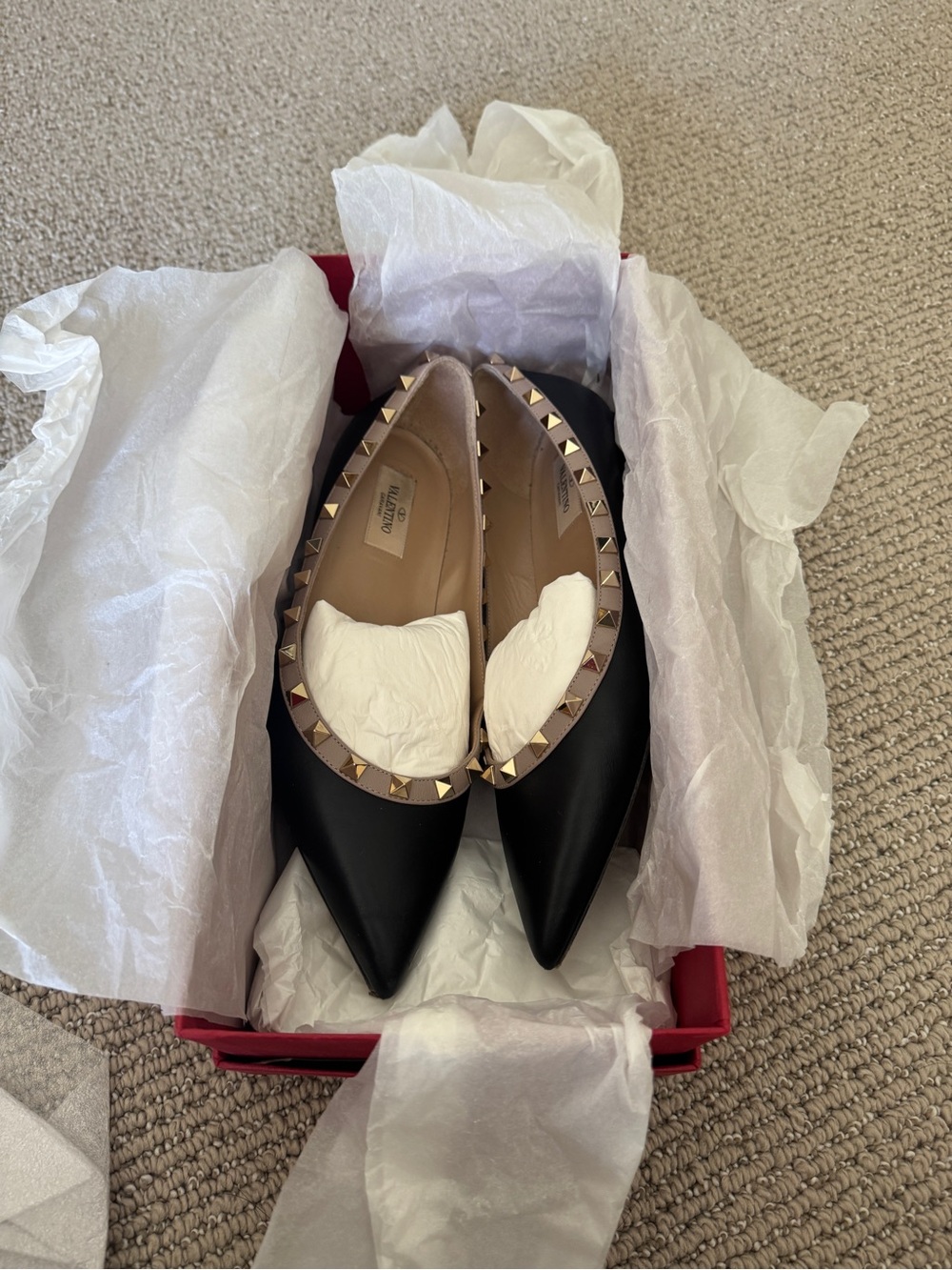 Valentino Black Pointed Leather Rockstud Flats with Nude Trim